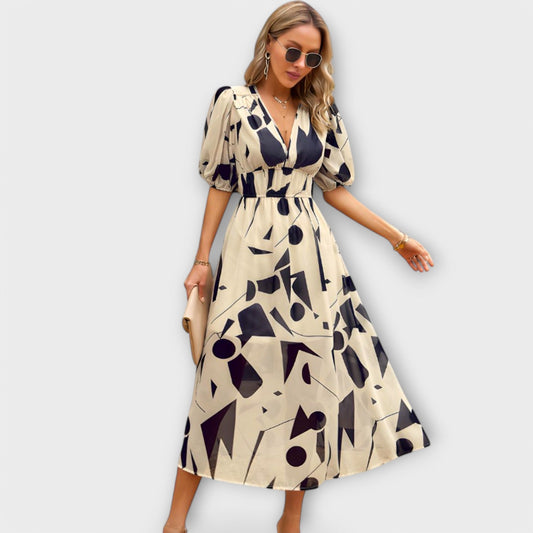 Lily | Abstraktes Maxikleid mit Puffärmeln