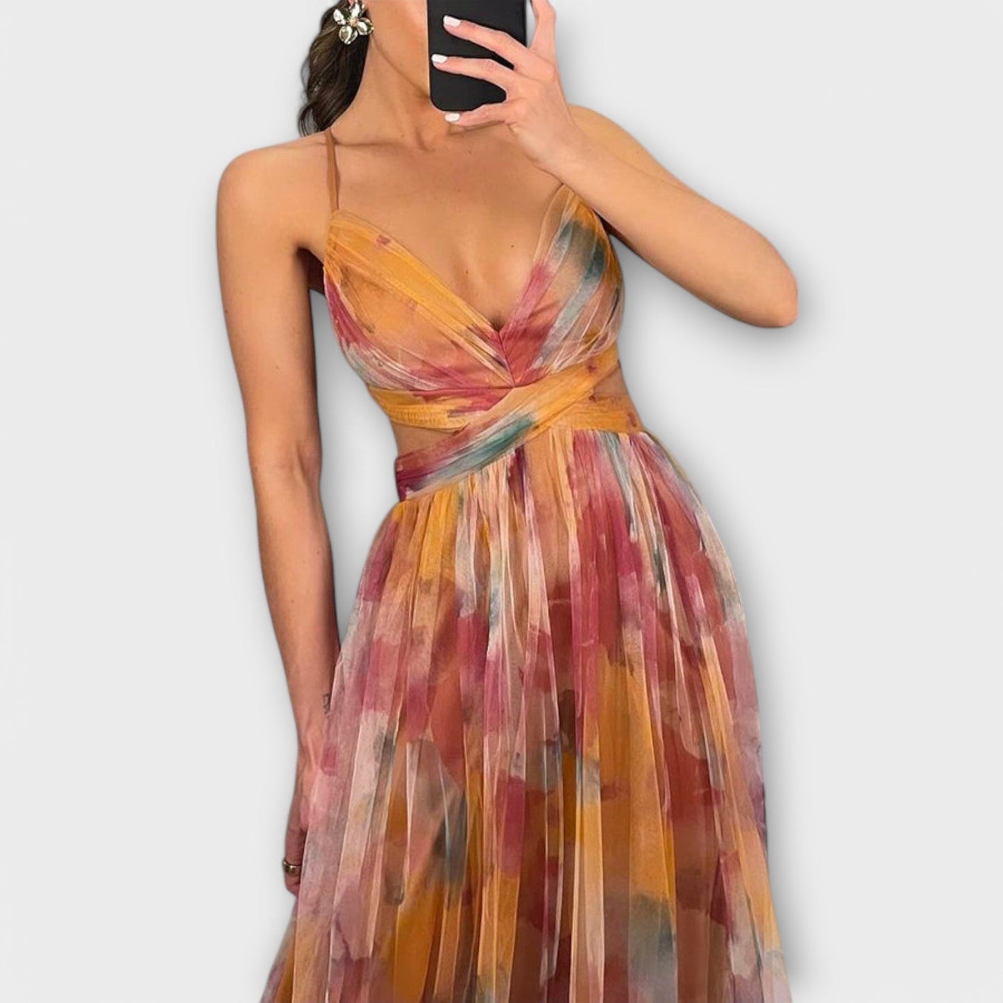 Annai | Rosa Mesh-Maxikleid mit Blütenmuster