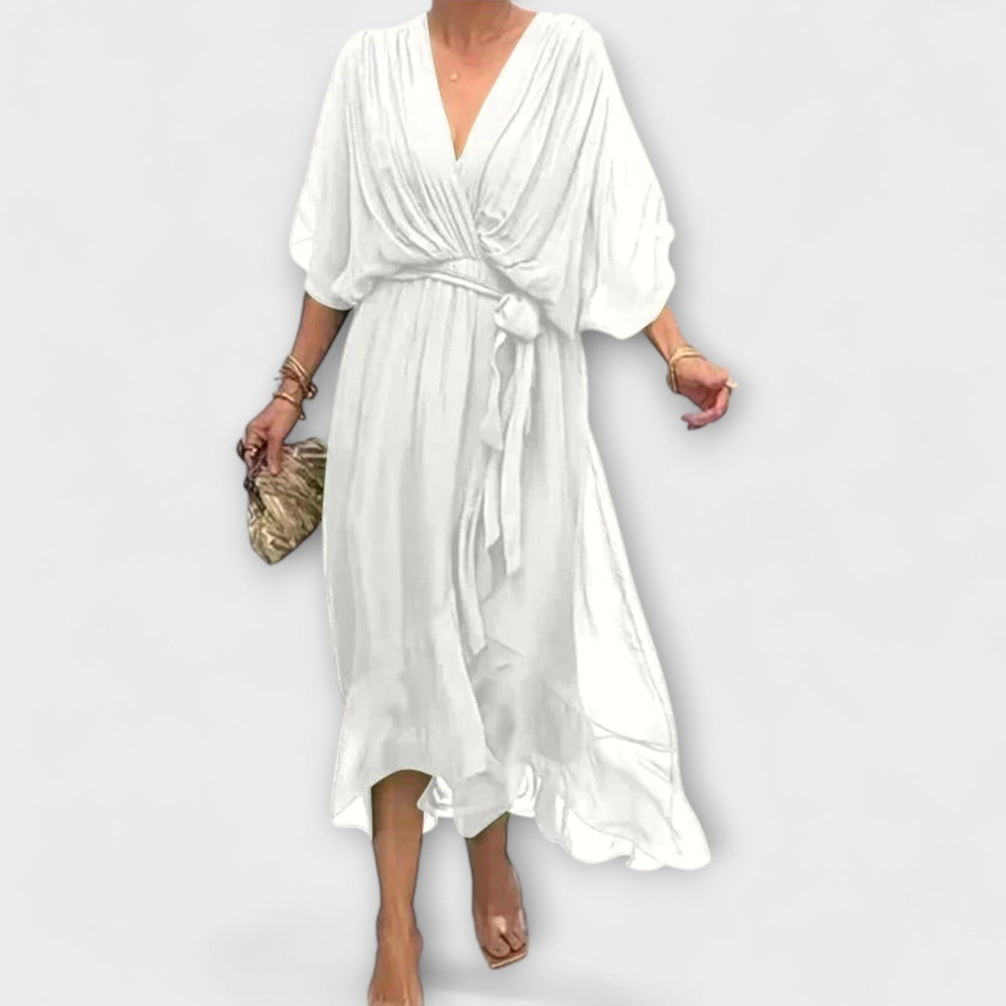 Amoura | Olivgrünes Chiffonkleid mit V-Ausschnitt