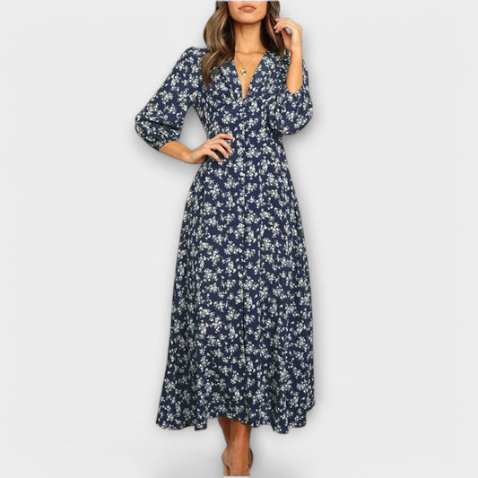 Sophie | Blau-weisses Maxikleid mit Blütenmuster