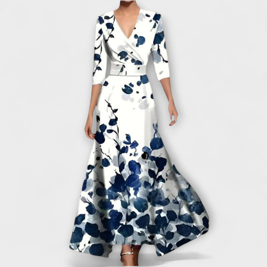 Alma | Weiss-blaues Kleid mit Blütenmuster