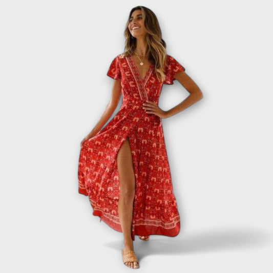 Briony | Rotes Boho-Midikleid mit Blütenmuster