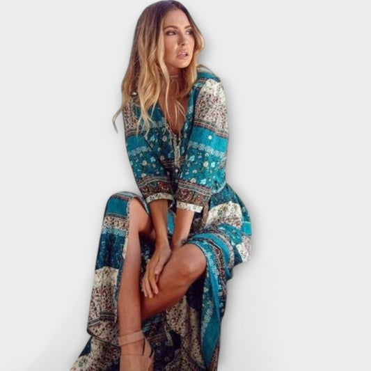 Cariba | Blaues Boho-Midikleid mit Muster