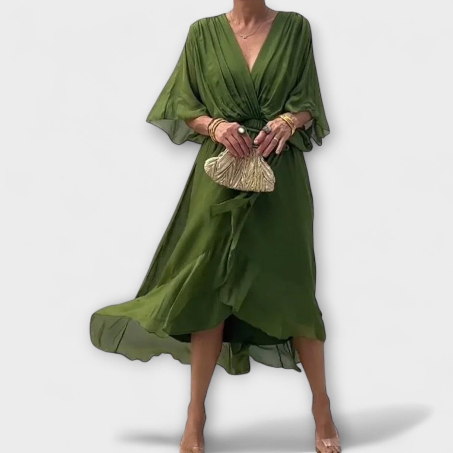 Amoura | Olivgrünes Chiffonkleid mit V-Ausschnitt