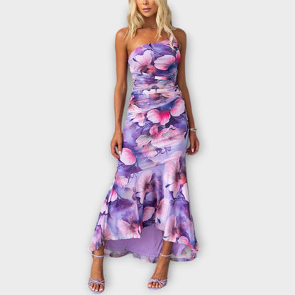 Pia - Lila Maxikleid mit Blütenmuster und Raffung