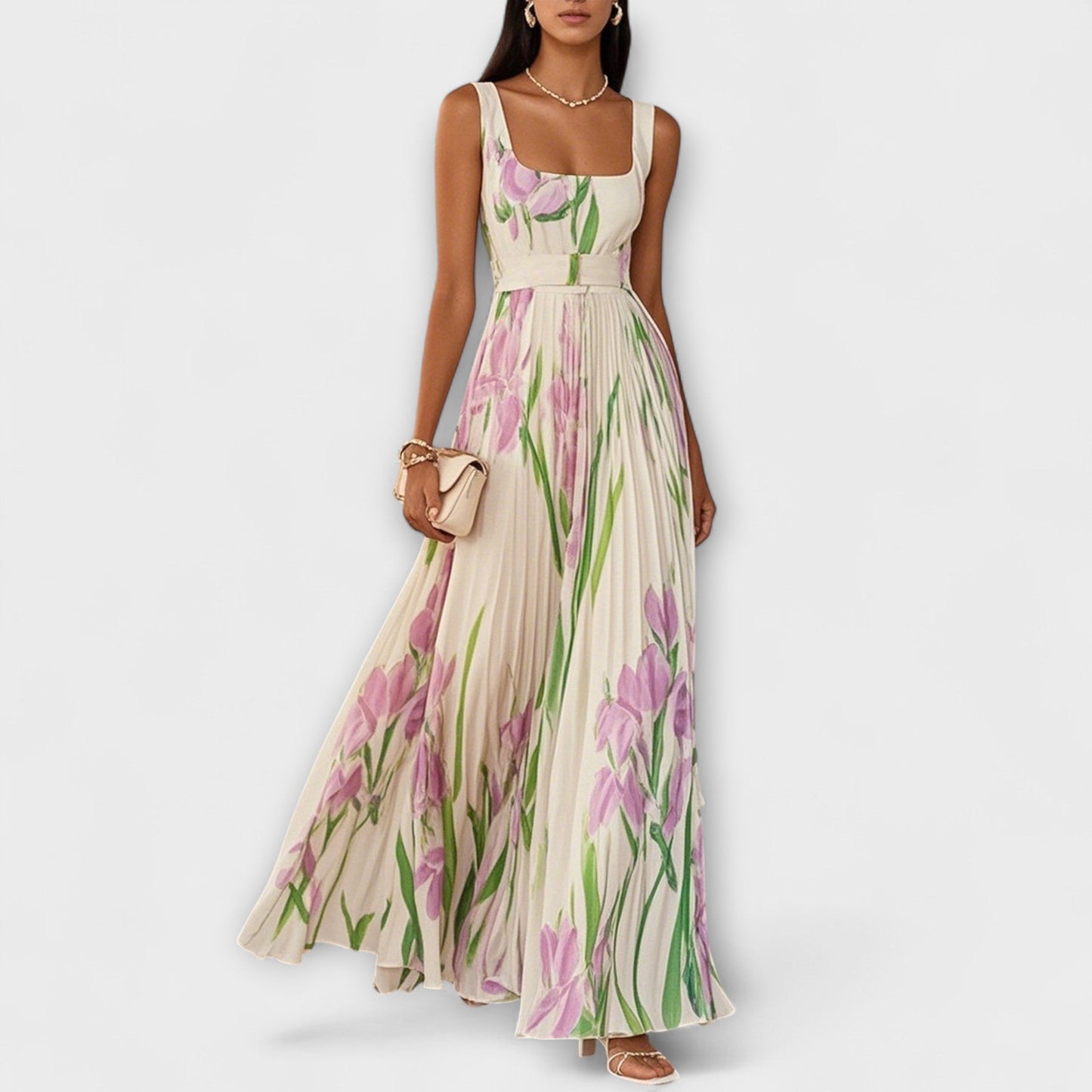 Gefaltetes florales Chiffon-Maxikleid in Creme