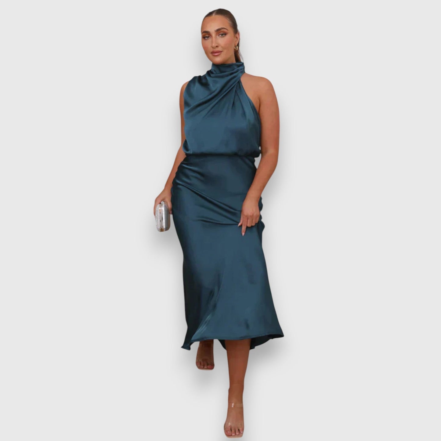 Zenaida - Cremefarbenes Satinkleid mit Neckholder