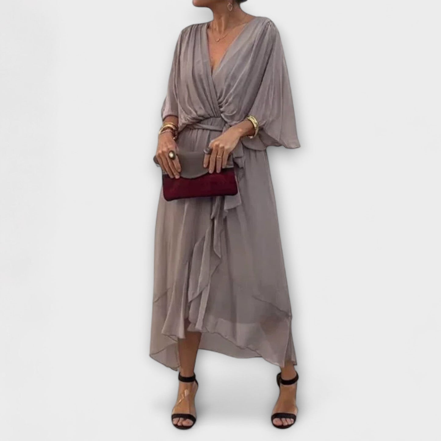 Amoura | Olivgrünes Chiffonkleid mit V-Ausschnitt