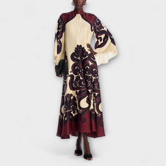 Lucy - Bordeaux-cremes Maxikleid mit Grenadilla-Print
