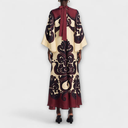 Lucy - Bordeaux-cremes Maxikleid mit Grenadilla-Print