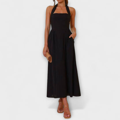Lydia - Schwarzes Mid-Length-Halterkleid mit Taillendetail
