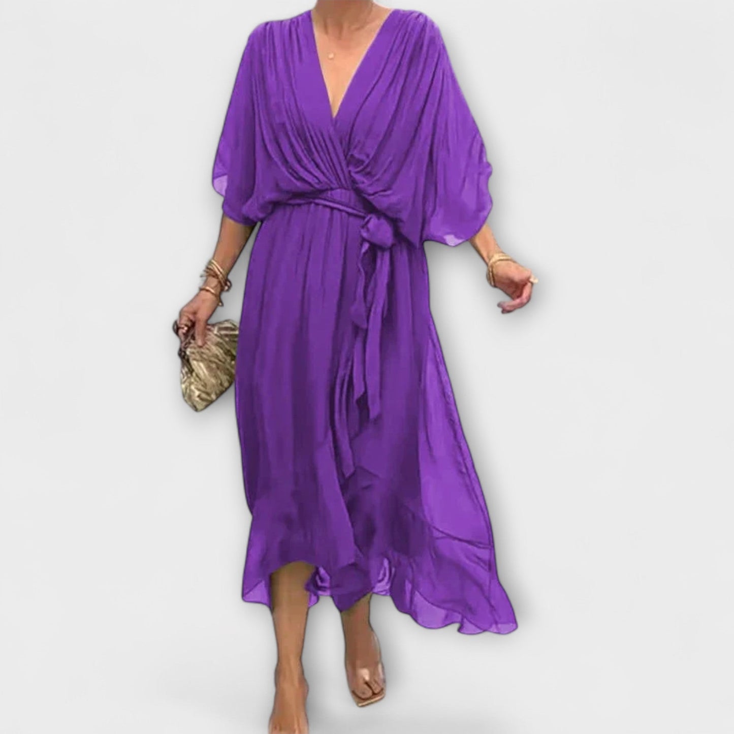 Amoura | Olivgrünes Chiffonkleid mit V-Ausschnitt