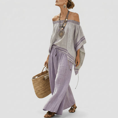 Natália - Graues Bohemian-Bardot-Ensemble mit lila Hose