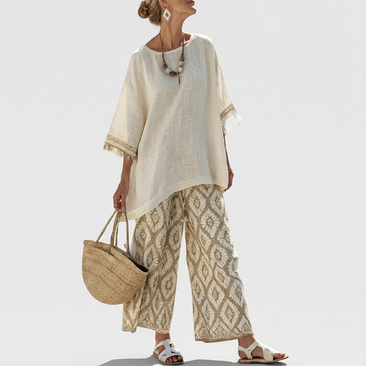 Eduarda | Cremefarbenes elegantes Boho-Chic-Set mit Ikat-Muster