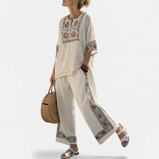 Amália | Beiges mediterranes Set mit Stickerei