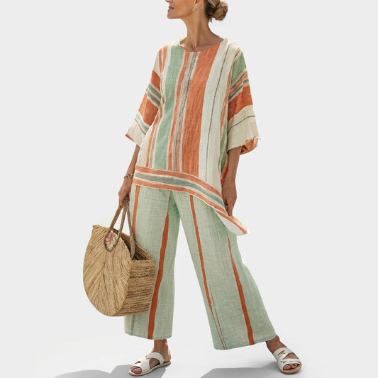 Dalila | Cremefarbenes Leinen-Set mit orangen Streifen