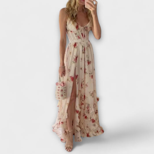 Hazel - Cremefarbenes Maxikleid mit Blütenmuster