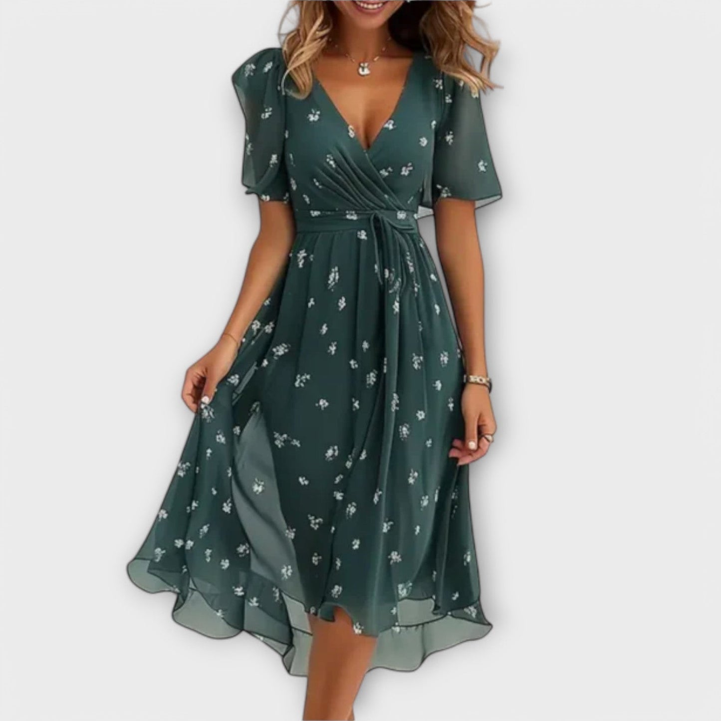 Annegret | Grünes Kleid mit V-Ausschnitt und Tupfen