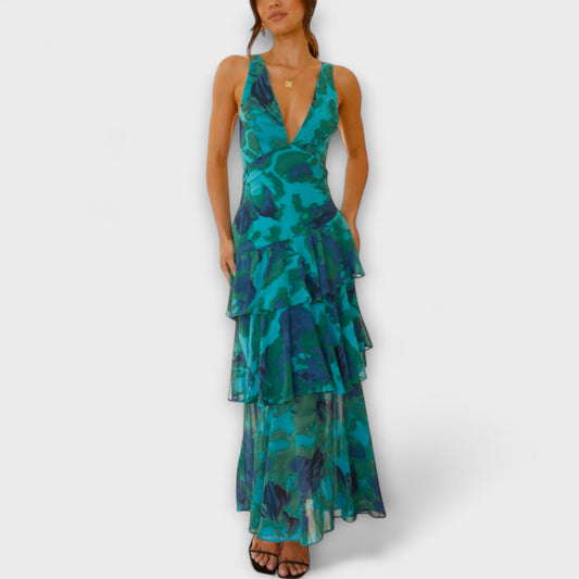 Domenica | Blau-grünes Chiffonkleid mit Lagen