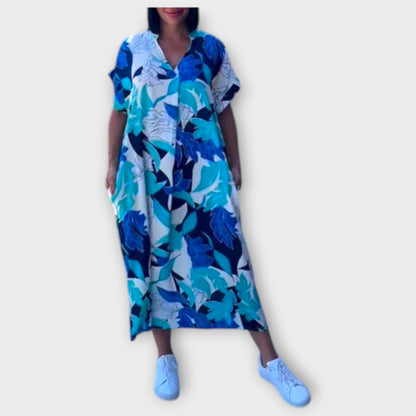 Elena - Blau-grünes elegantes Blumenkleid