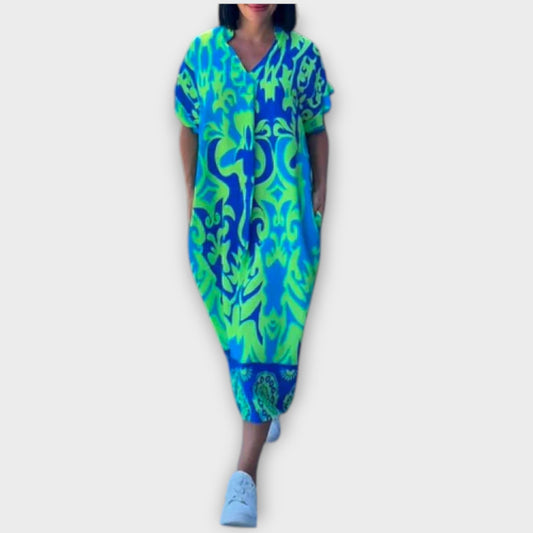 Elena | Blau-grünes elegantes Blumenkleid