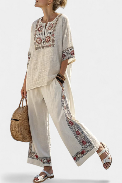Amália | Beiges mediterranes Set mit Stickerei