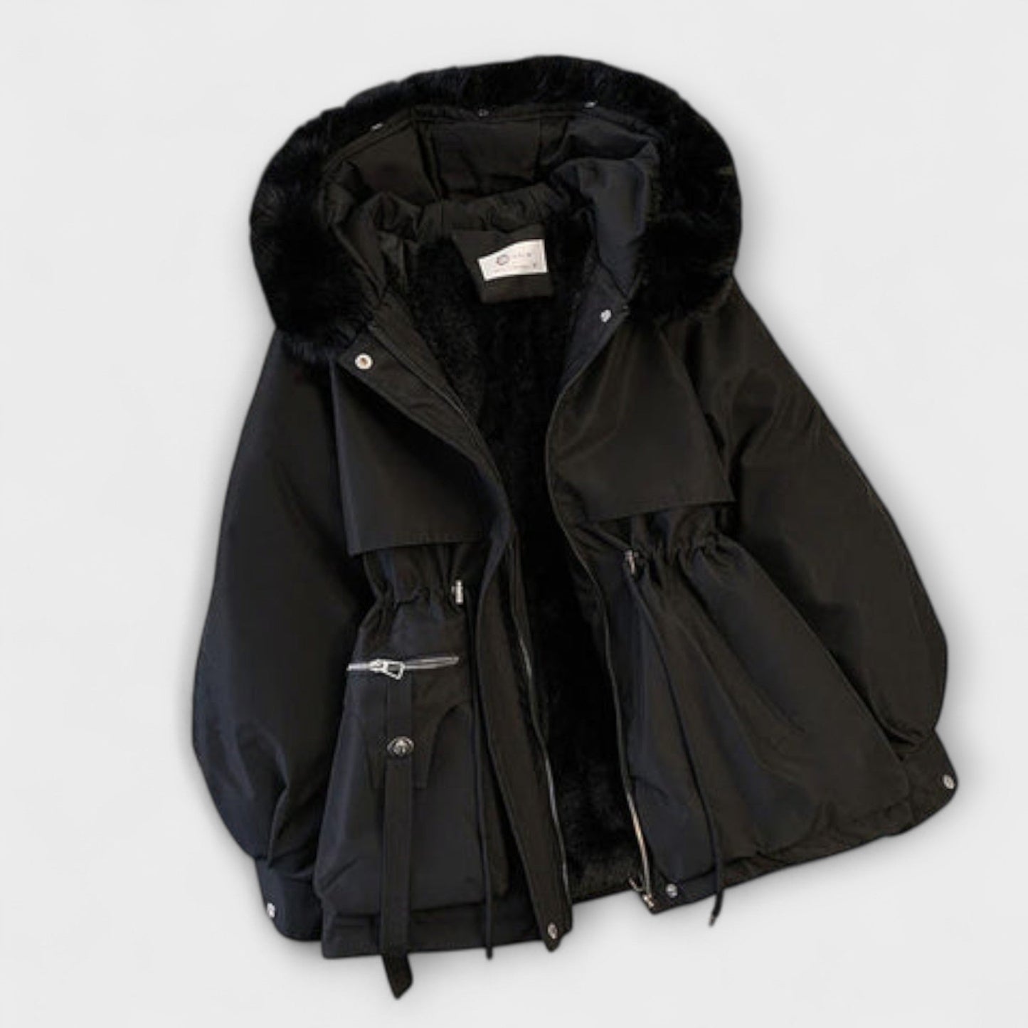 Bela | Beige elegante Winterjacke mit Pelzkragen