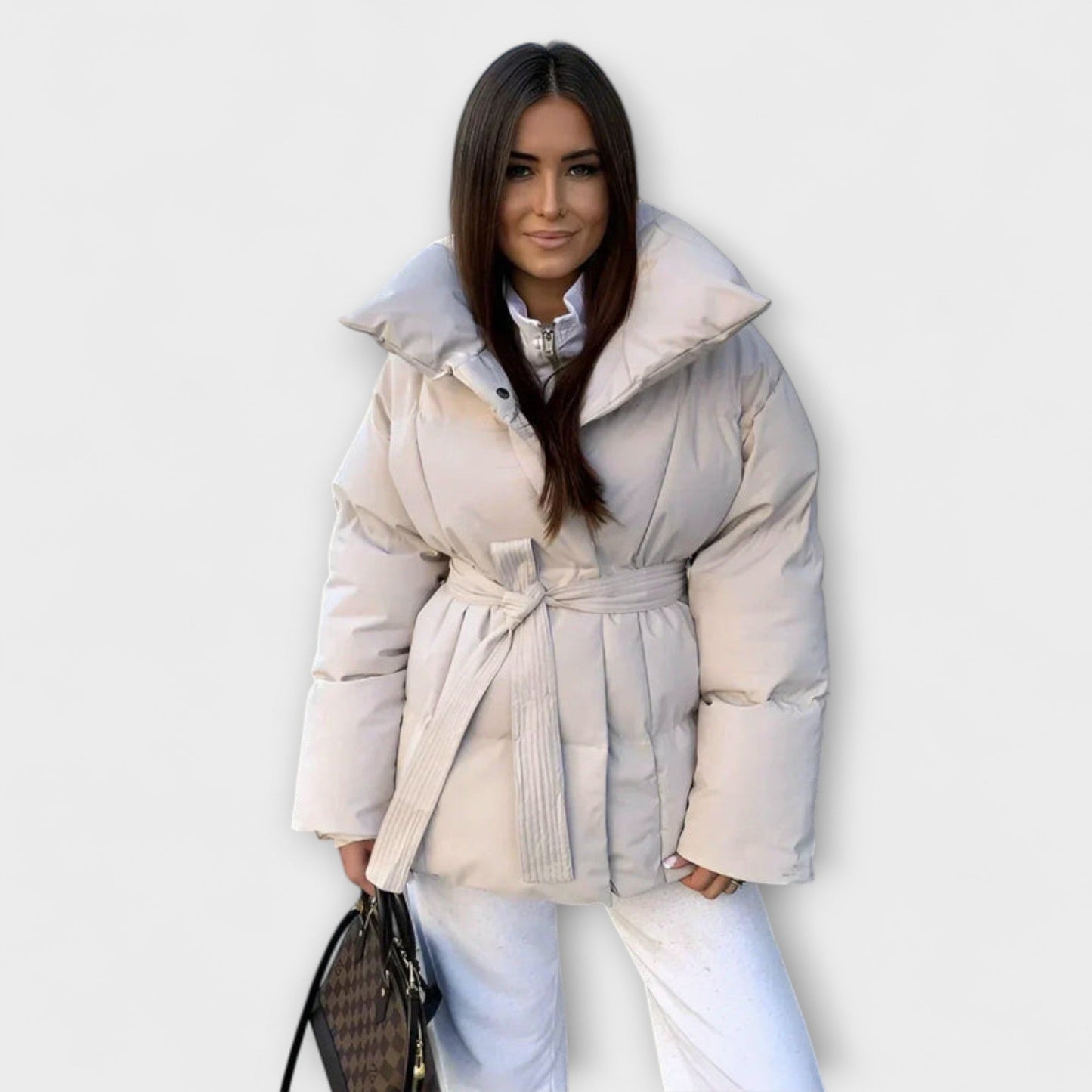 Alice | Cremefarbene elegante Winterjacke mit Kapuze