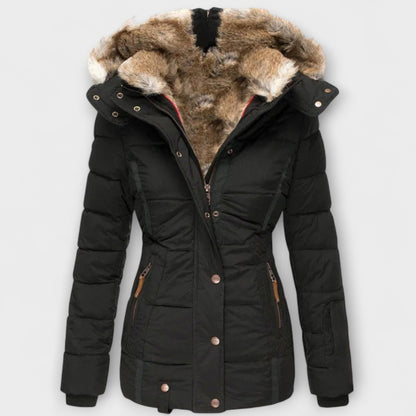 Tiana - Schwarze elegante Damenjacke mit Fellkapuze