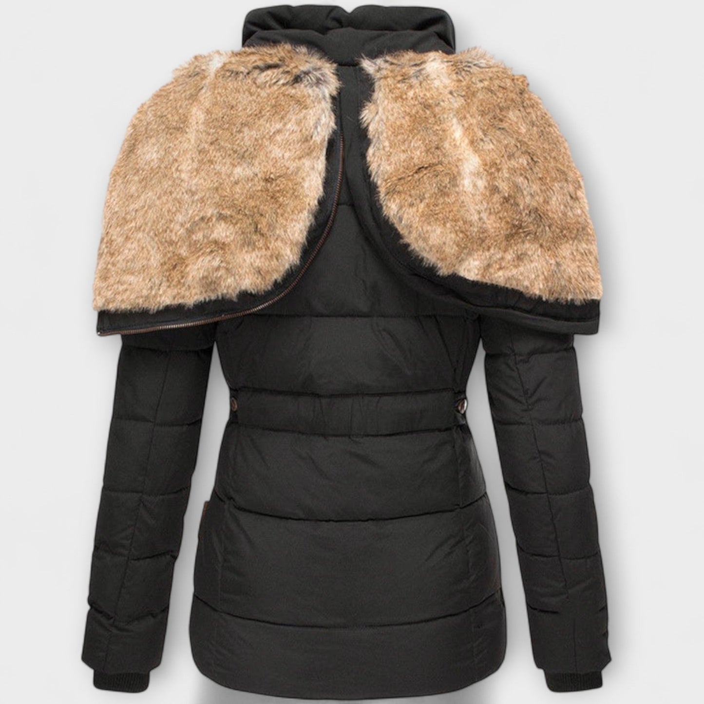 Tiana - Schwarze elegante Damenjacke mit Fellkapuze