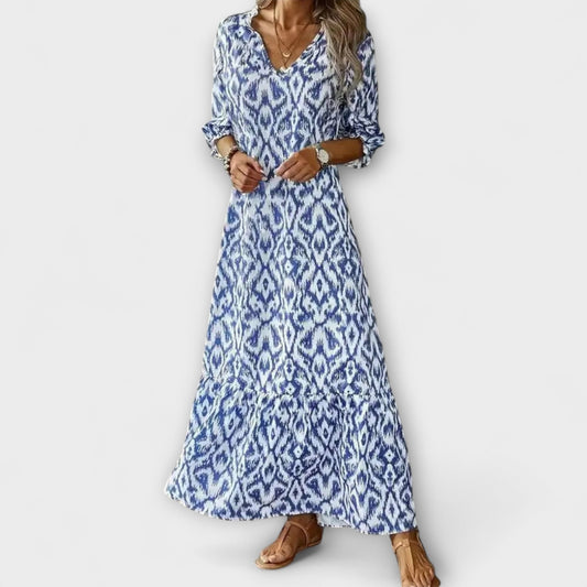 Silvana | Blau-weisses Damen-Maxikleid mit Muster