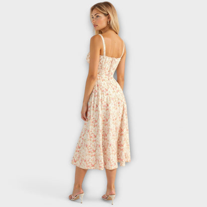 Kiana - Cremefarbenes Korsett-Midikleid mit Blümchen