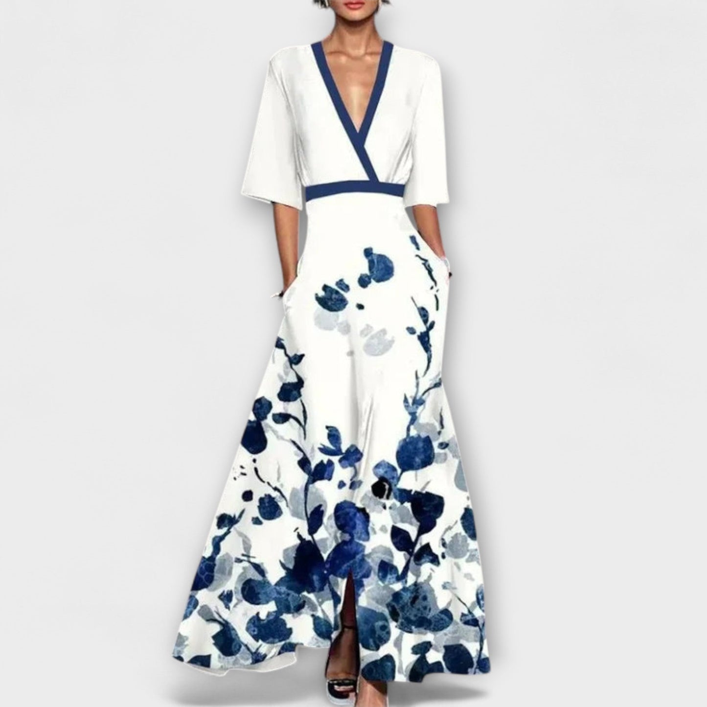 Alma | Weiss-blaues Kleid mit Blütenmuster