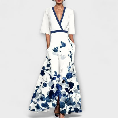 Alma | Weiss-blaues Kleid mit Blütenmuster