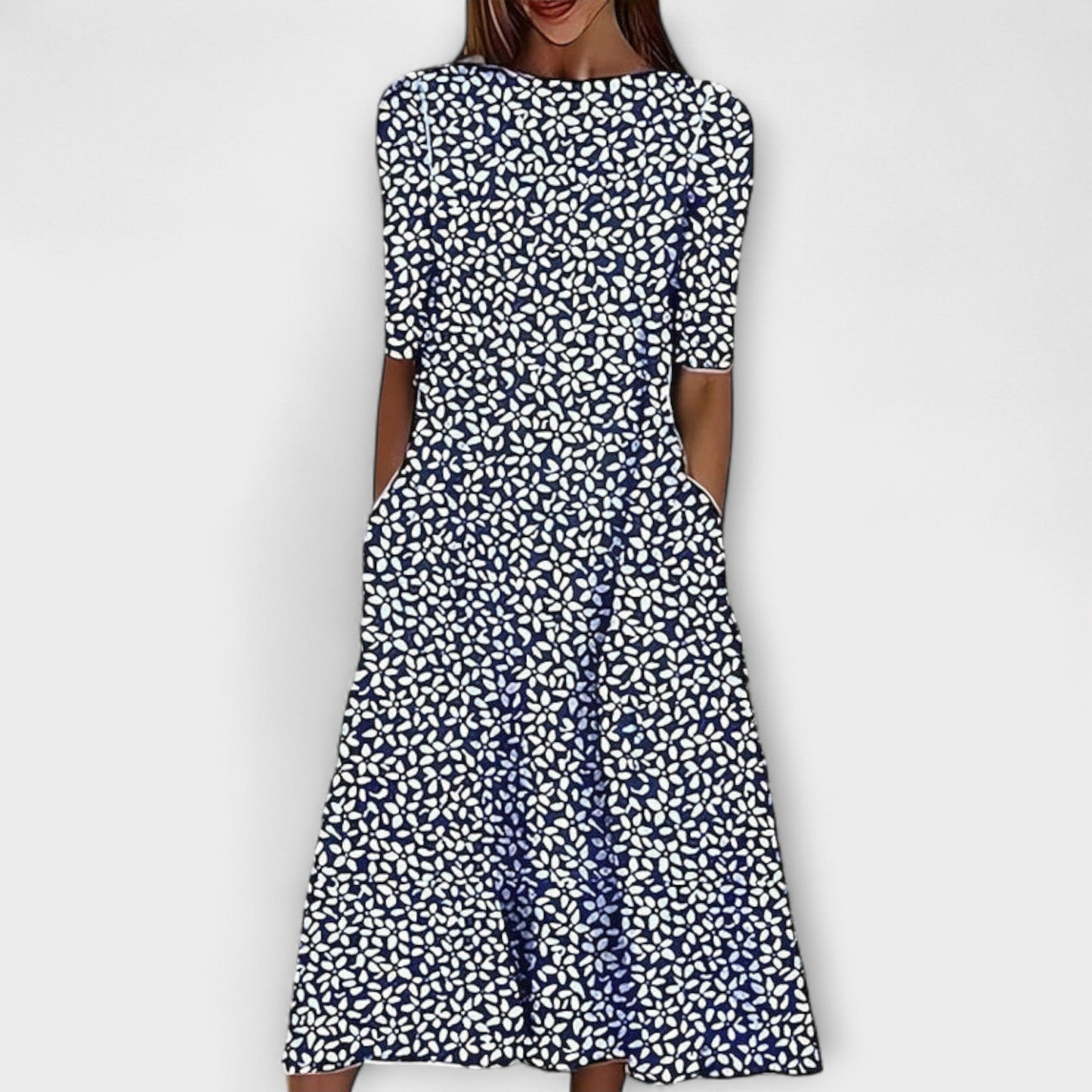 Adelina | Weisses Kleid mit blauem Blütenmuster